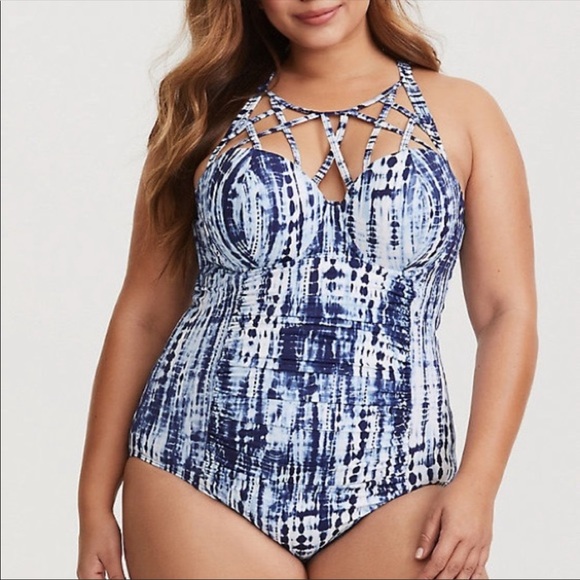 TORRID blue white tie dye one piece bathing suit 6X.